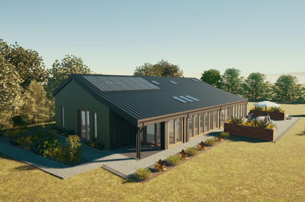 Visual of a Class Q barn conversion with dark cladding and solar panels