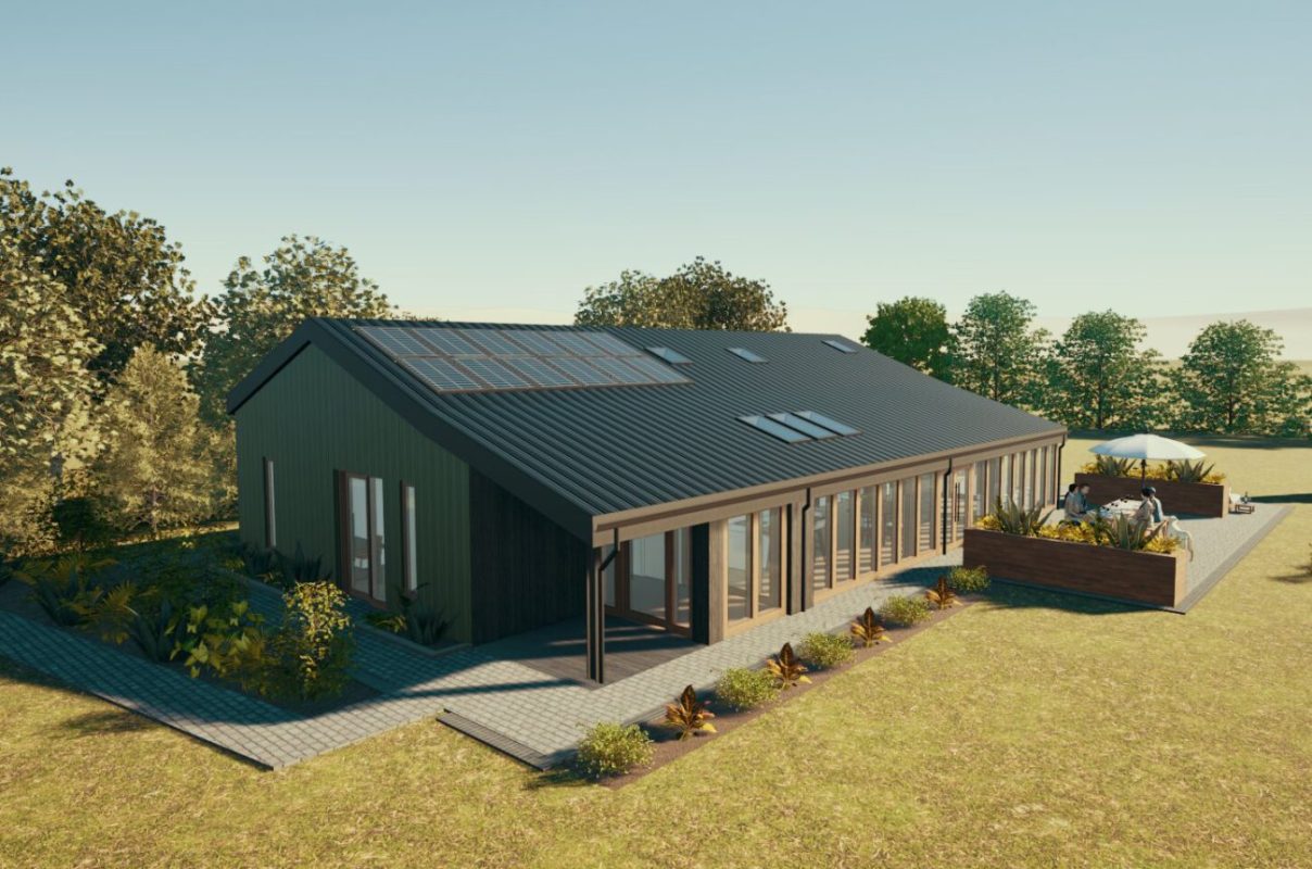 Visual of a Class Q barn conversion with dark cladding and solar panels