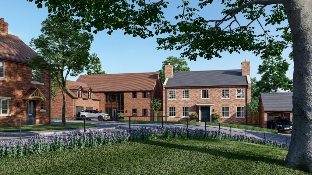 Street scene visual of new homes arranged around a former farmyard